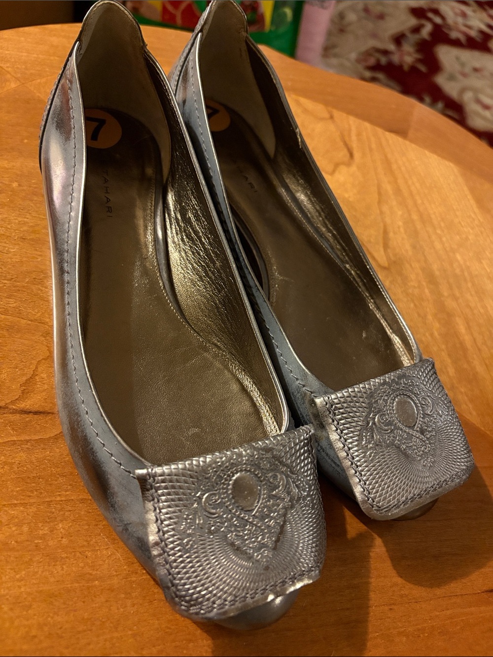 Tahari Metallic Silver Embossed Square-Toe Flats